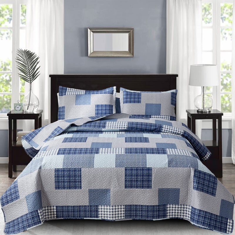 CHESITY King Quilt Set King Size Plaid Bedding Sets 3-Piece Navy Blue Reversible Lightweight Stripe Grid Coverlet Bedspread Patchwork Soft Quilt for Bed (96"" x 108"") - Image 1